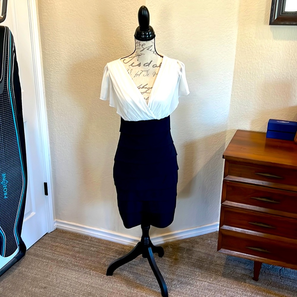 White and blue form fitting dress, size 8. Very flattering on!
